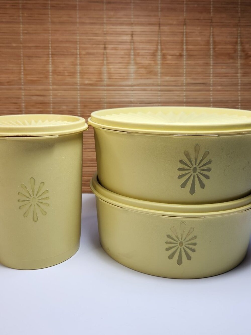 Vintage Tupperware Servalier Canister 811 Bowl 1204 Set Harvest Gold Lids 1970s